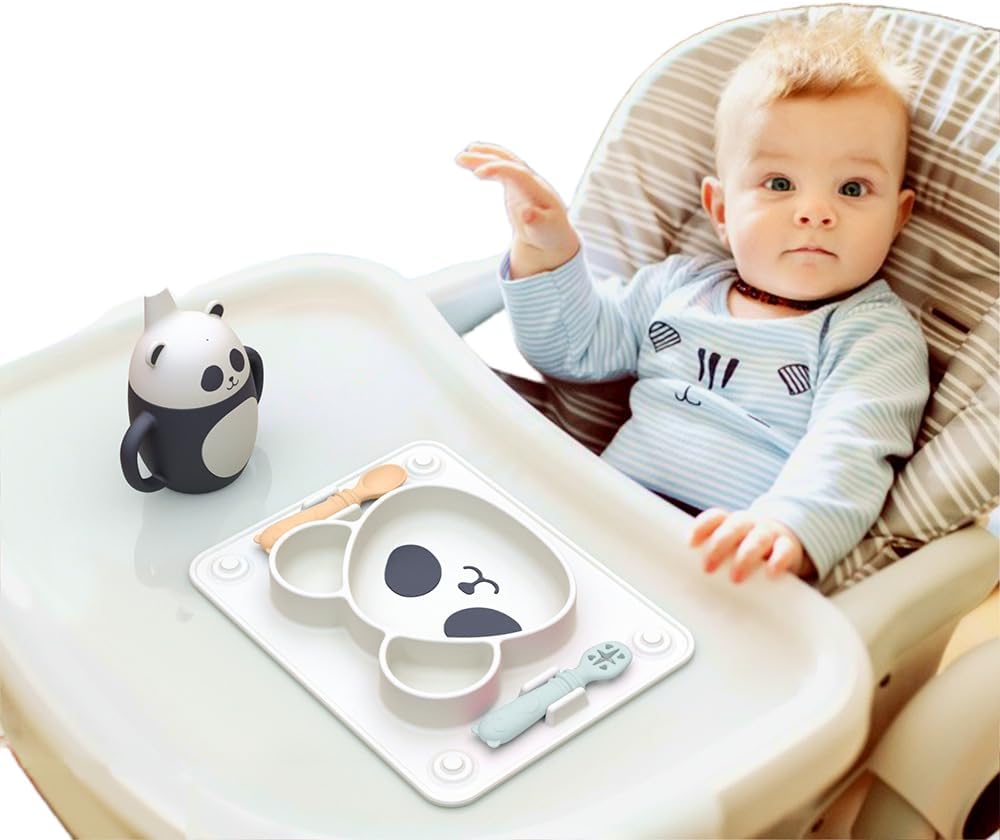 Cute Toddler Plates with Spoon n Jam Dipper Spoon Set,Silicone Panda Shape Divided Feeding Tray, BPA-Free Self Feeding Toddler Utensils