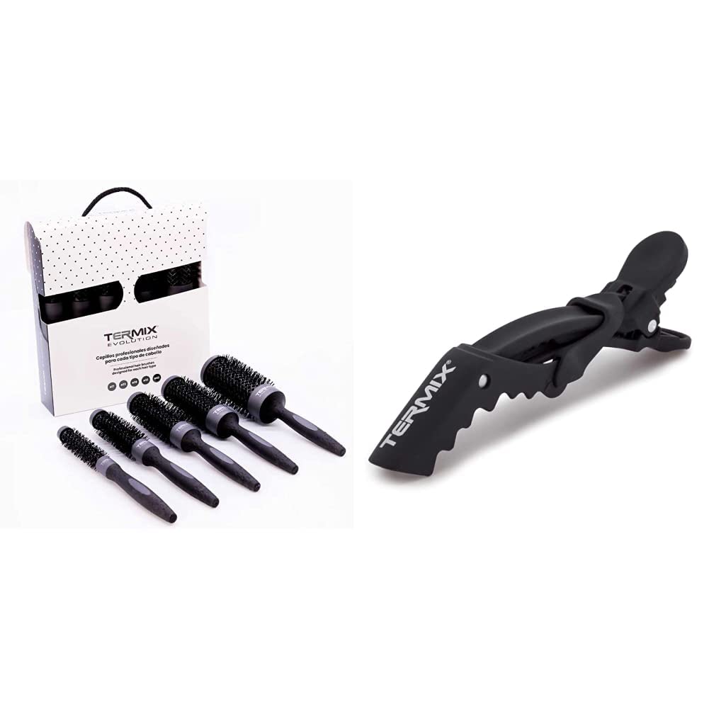 Termix Evolution Plus -Pack de 5 cepillos de pelo térmico redondo con fibra ionizada & Kit de 6 Pinzas Profesionales para el pelo. Color Negro Brillante