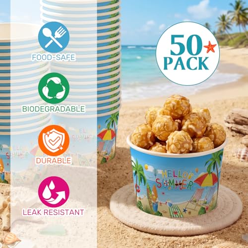 Image of Funnymoom 50 Pack Hello Summer Ice Cream Cups 9 oz Beach Disposable Dessert Bowls Paper Soup Bowl Summer Beach Pool Snack Cup for Hot or Cold Food for Summery Hawaiian Tropical Birthday Party Supplies