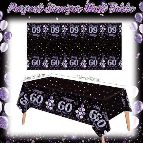 Image of Ganeen 3 Pack 60th Birthday Tablecloth Purple Black Happy 60th Birthday Decorations Disposable Plastic Rectangular Table Cover for Party Supplies Women Men, 108 x 54 Inch