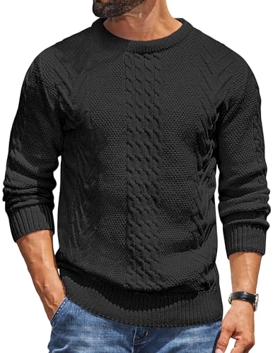 COOFANDY Hommes Pull à Col Rond et Manches Longues Basic Pull Tricoté en Câbles Hiver Decontracté Sweater Noir L
