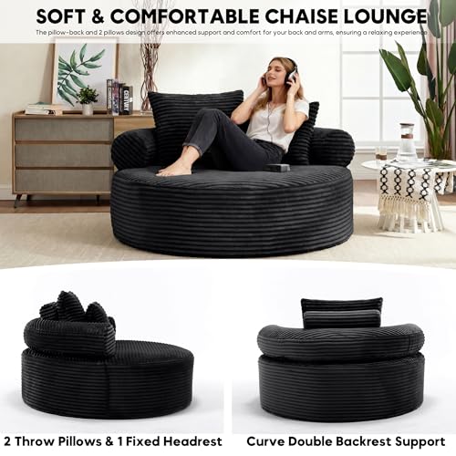 Image of Oversized Round Chair Lounge Chaise Indoor, 55.5 inch Upholstered Corduroy Deep Seat Single Cloud Sofa Chair, Fluffy Modern Large Circle Boneless Sleeper Sofa for Living Room, Bedroom, Black