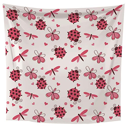 Daesar Wall Tapestry Hanging, Hippie Tapestry Dragonflies, Ladybug And Flowers Hanging Tapestry Bedroom Pink White Tapestry 120X104 Inch Polyester Tapestry #TOP4