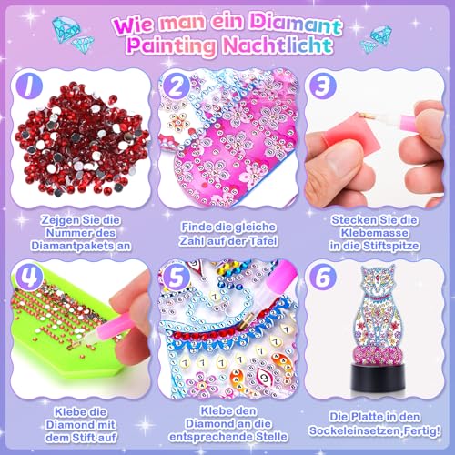 Osikay Diamond Painting Katzenlampe Nachtlicht Kinder, Bastelset Mädchen 8 10 7 6 Jahre Spielzeug ab 5-12 Jahre Mädchen Geschenk Basteln Kinder 8-9-11 Jahren Lustige Geschenke Lampe Kinderzimmer