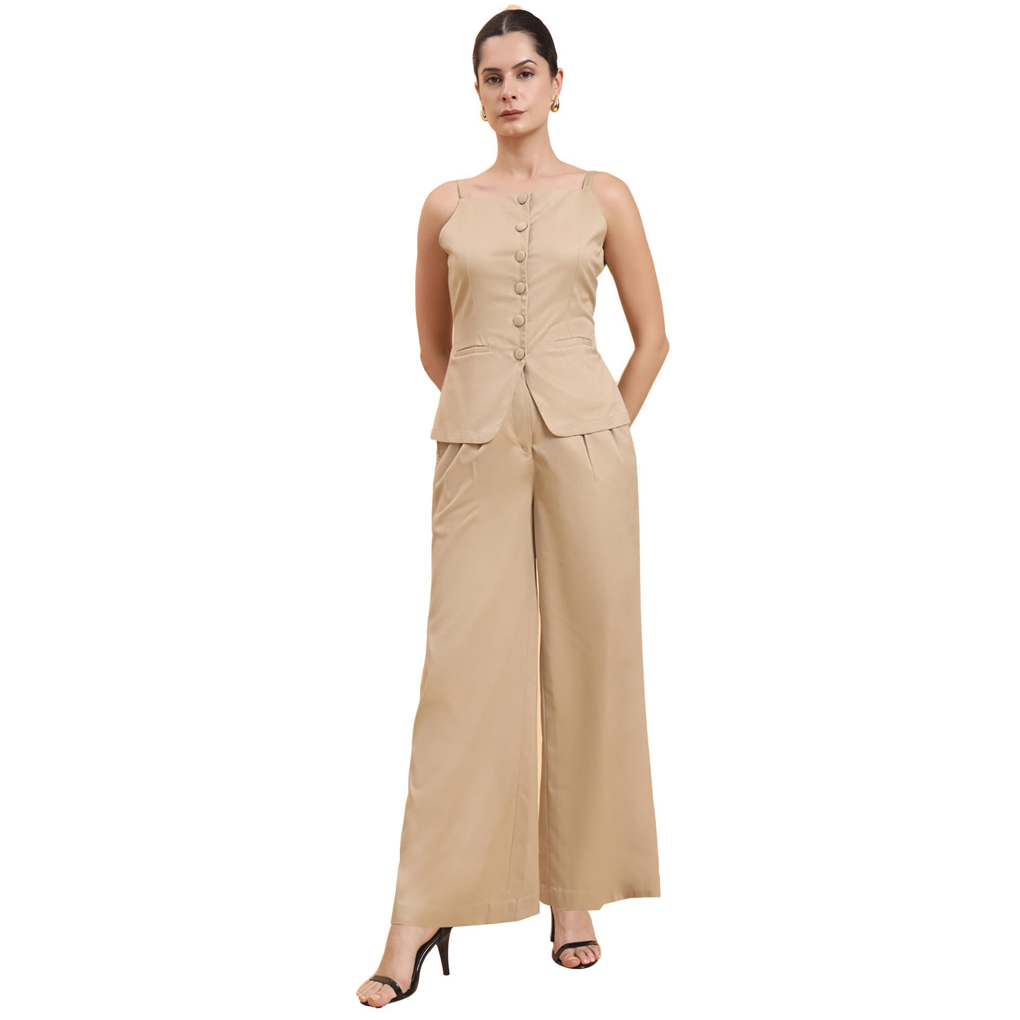 powersutra Women's Beige Co-ords Set | Strappy Square Neck Vest with Pleated Loose-Fit Trousers | Stylish 2 Piece Western Outfit for Women | Casual & Summer Wear | Lightweight & Chic-picture-35