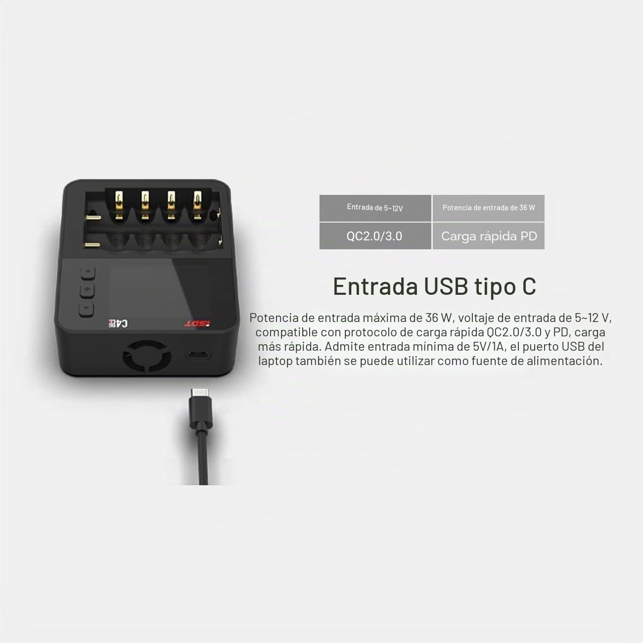 ISDT C4 EVO - Cargador de Pilas AA/AAA NiMH NI-CD Li-Ion, LiHv y LiFePO4 18650 18700 26650, para Pilas Recargables, para Carga y Descarga, Carga rápida + Tipo C, QC 3.0