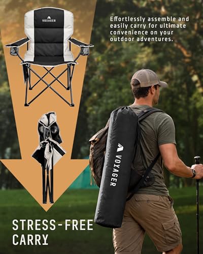 Voyager Folding Camping Chairs 2 Pack with Cooler Bag, Lightweight Q195 Steel Frame, 600D Oxford Fabric, Portable & Comfortable - Black (Black, Padded) - Image 6