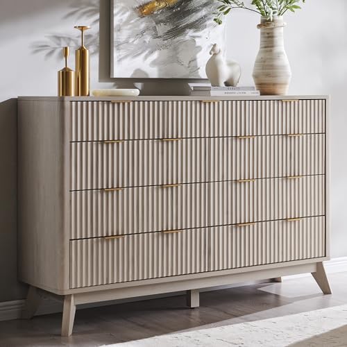 Image of T4TREAM 54 inch Wide Fluted 9 Drawer Dresser for Bedroom, White Alder | Mid Century Modern, Curved Profile, Metal Handles, Anti-tip Kit, Smooth Slides, for Living Room, Hallway