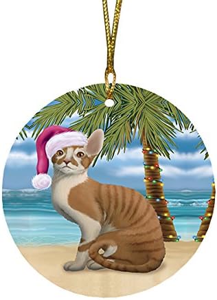 Summertime Tropical Island Beach Cornish Rex Cat Round Flat Ornament - Pet Decorative Hanging Ornaments for Christmas X-mas Tree Decorations - 2.75" Round Flat Ceramic Christmas Ornament POR1661