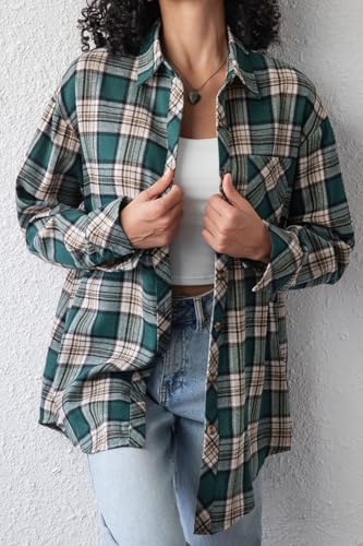 Image of CHYRII Womens Button Down Flannel Shirts Long Sleeve Plaid Shackets Business Casual Blouse Top