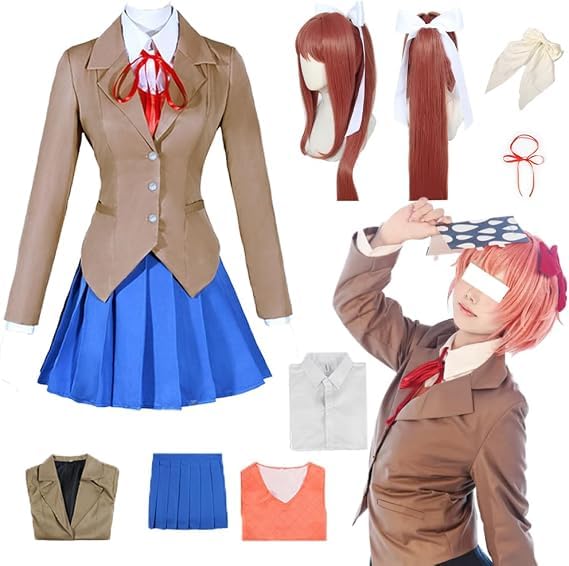 Women's Classic School Attire, Suit Jacket Shirt, Ribbon Pleated Skirt, Halloween Makeup Outfit Complete Set (Brown+Wig 1, M)