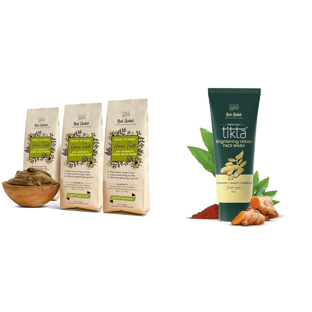 Nat Habit - Fresh Ready To Apply Henna Paste (Pack of 3 x 220g) and Nat Habit Ubtan Face Wash, Fresh Daily Tikta For Men & Women 100g-picture-31
