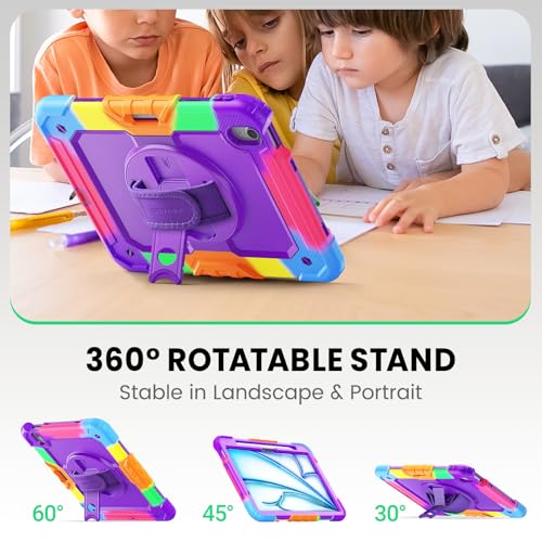 Image of SEYMAC Kids Case for iPad Air 11 Inch M4 / M3 / M2 (2026 /2025 / 2024), Heavy Duty Shockproof Protective Case with Screen Protector, Rotating Stand and Hand /Shoulder Strap, Colorful Purple
