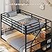 ADORNEVE Low Bunk Bed Twin Over Twin with Storage Staircase, Drawers & Shelves, RGB LED Lights Metal Floor Bunk with Power Outlet, Full-Length Guardrail & Metal Slats, for Small Space, Kids, Black