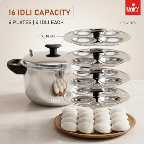 Image of Unify Stainless Steel Idli Maker 4 Plates | Idli Cooker | Induction & Gas Compatible | Sandwich Bottom Steamer with Lid | 16 Idli Capacity | Durable, Rust-Resistant & Easy to Clean