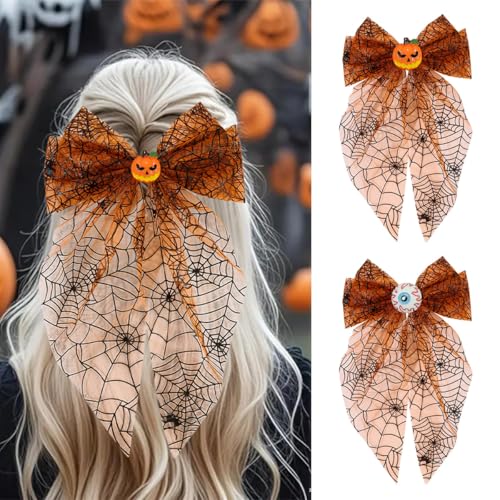 AWDSLUY 2Pcs Halloween Hair Accessories Orange Spider Web Print Sheer Hair Bows Large Mesh Long Tail Bow Clips with Pumpkin Eyeball Design Cute Horror Hair Bow for Halloween Cosplay Costume Hair
