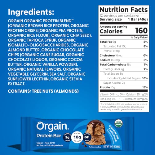 Image of Orgain Organic Vegan 10g Protein Bars, Chocolate Chip Cookie Dough, 12 Pk (Pack of 6)