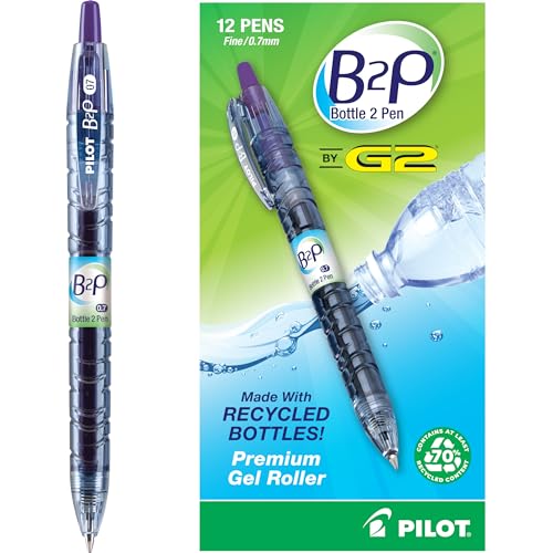 PILOT B2P - Bottle to Pen Refillable & Retractable Rolling Ball Gel Pen Made From Recycled Bottles, Fine Point, Purple G2 Ink, 12-Pack (31622)