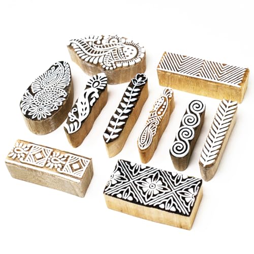 Image of Wooden Stamp Block, Printing Stamp Design Set | Block for Printing Saree Border | Dresses, Craft Card Making, Scrapbook, Clay Pottery | Set of 10