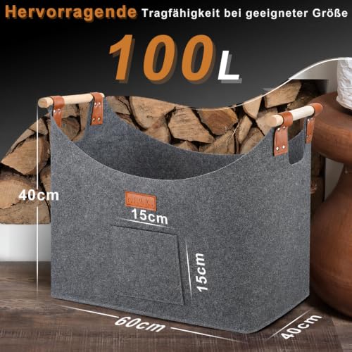 Ezilif Kosz na drewno kominkowe z podwójnym wzmocnieniem nitów, 60 l/100 l, szary, 60 x 40 x 40 cm (100 l))