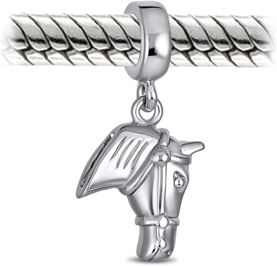 Bling Jewelry Jockey Equestrian Hat Cap Sports Helmet Western Champion Horse Head Lucky Horseshoe Dangle Charm Bead For Women Teen Oxidized .925 Sterling Silver Fits European Bracelet - Image 2