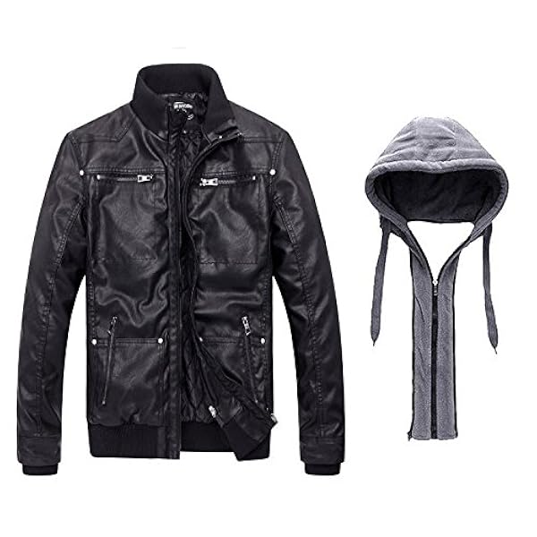 Wantdo Chaqueta de Piel Sintética para Hombre Abrigo Cálido Antiviento Chaqueta de PU Múltiples Bolsillos Retro para Motocicleta Chaqueta de Textura Mate Capucha desmontable Hombre