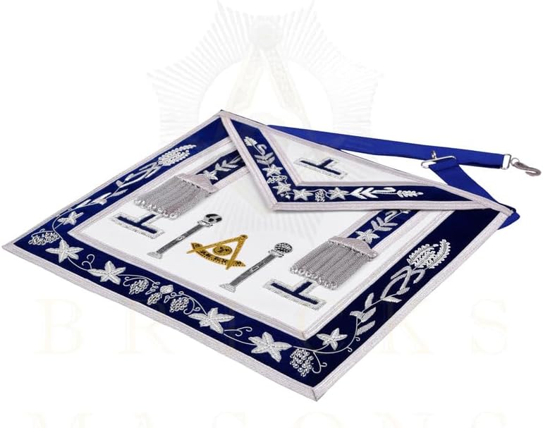 Bricks Masons Past Master Blue Lodge Apron White Base Navy Velvet Border Silver Hand Embroidered Pillars with Fringe
