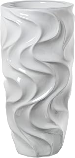 DRW Bodenvase mit Keramikwellen, Weiß, glänzend, 33 x 33 x 70 cm