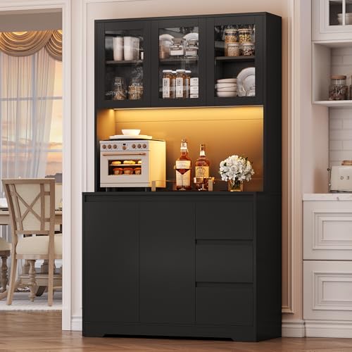 FirFurd Credenza Cucina, Credenza Alta con Luci a LED e Prese, Mobile Buffet con Cassetti e Armadi, Ripiani Regolabili, per Cucina, Soggiorno, Studio180x100x38,5cm (Nero)