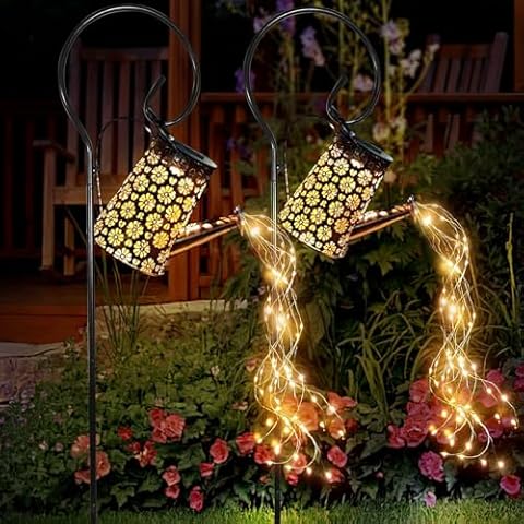 2 Pcs Solar Watering Can Lights, Hanging Solar Waterfall Lights Waterproof Outdoor Garden Decor Yard Art for Porch Landscape Patio, Gardening Gifts for Mom Grandma Women ( 2 Pack with Shepherd Hooks) Cover