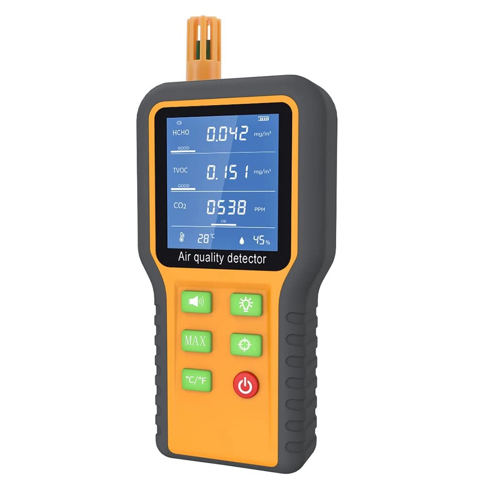rirue CO2 Monitor Formaldehyde Detector TVOC/Temp./Humidity Indoor with Buzzer Prompt,Backlit Screen