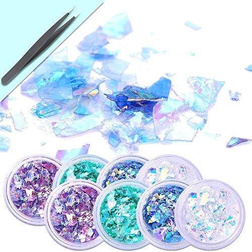 8 Boxes Holographic Nail Art Sequins Chunky Glitter Fluorescent Glass Paper Iridescent Flakes Sticker Mermaid Nail Decoration 3D Acrylic Paillettes Manicure Accessories