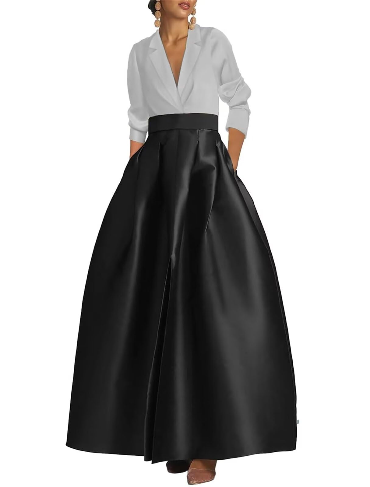 ALLENIDIA Women's V Neck Long Sleeves Prom Dresses with Pockets Satin Ball Gowns LZ-011