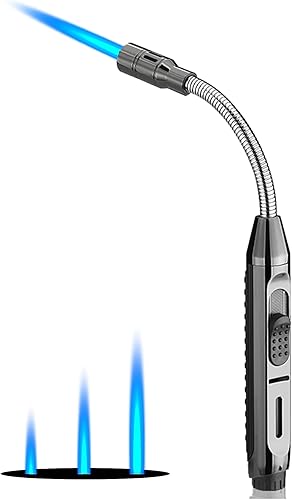 Jnfire Encendedor largo de butano recargable, resistente al viento, ajustable, con ventana visual de combustible, encendedor flexible de 360 para