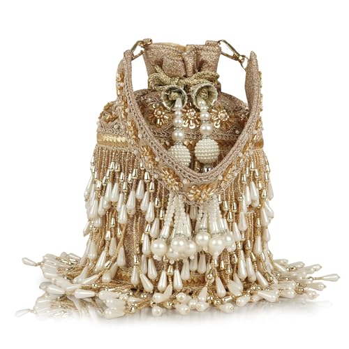 Image of Nevis Silk Fabric Designe Fringe Potli Bag with Pearl Tassels & Beaded Handle | Luxury Ethnic Drawstring Clutch for Wedding