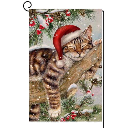 BLKWHT Winter Cat Garden Flag 12x18 Vertical Double Sided Christmas Holiday Outside Decorations Burlap Yard Flag BW738