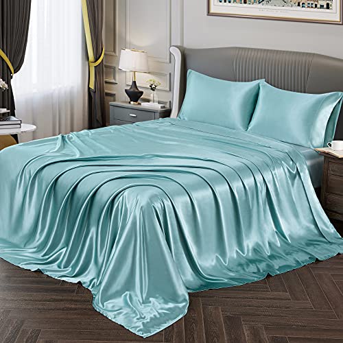 Vonty Satin Sheets King Size Silky Soft Satin Bed Sheets Aqua Satin Sheet Set, 1 Deep Pocket Fitted Sheet + 1 Flat Sheet + 2 Pillowcases Vonty Satin Sheets King Size Silky Soft Satin Bed Sheets Aqua Satin Sheet Set, 1 Deep Pocket Fitted Sheet + 1 Flat Sheet + 2 Pillowcases