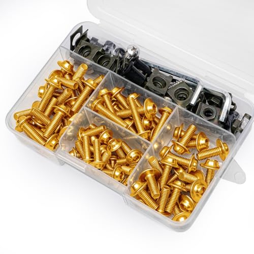 Image of Motorcycle Fairing Bolt Kit 177Pcs, M5 M6 Stainless Steel, Gold | Windscreen Screws Fastener Clips Universal Fit for Suzuki Kawasaki Honda Yamaha BMW Ducati GSXR