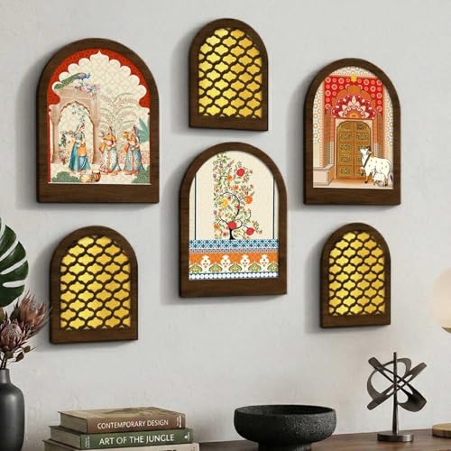 Image of Jharokha MDF Mirror for Home Decor | MDF Traditional Mirrors for Home Decoration | Wall Mirror Decor Hanging for Living Room Bedroom Office Set of 6 (9x12 inch & 7.5x9.5 inch)