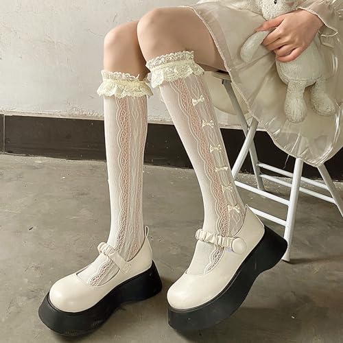 Triplewood Over the Calf Knee High Socks Y2K Socks with Bowknot Sheer Mesh Fishnet Stockings Sheer Tights2