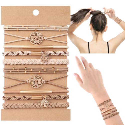 DIYDEC 10PCS Hair Ties Bracelet for Women 5 Styles Soft Braided Boho Hair Bands Elastic No Damage Hair Ties for Girls thick Thin Long Curly Hair Accessories(Beige and light coffee)