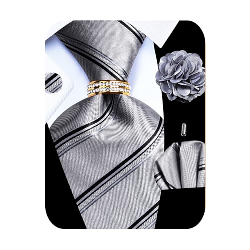 Image of 5PCS Mens Premium Silk Tie, Pocket Square, Cufflinks, Drilled Tie Ring and Lapel Pin Set for Wedding Groom Party