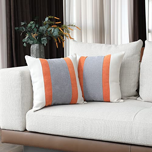 Boysum Farmhouse Decorative Throw Pillow Cover Gray And Orange Pillow Cover For Couch Sofa Bedroom 16X16 Inch Set Of 2 Patchwork Striped Pillow Covers Modern Decor (Orange) #TOP5