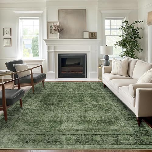 6x9 Green Washable Rug for Living Room Large Vintage Distressed Bedroom Rug Low Pile Non-Slip Soft Boho Carpets for Bedroom Dining Room Home Office Indoor Nursery