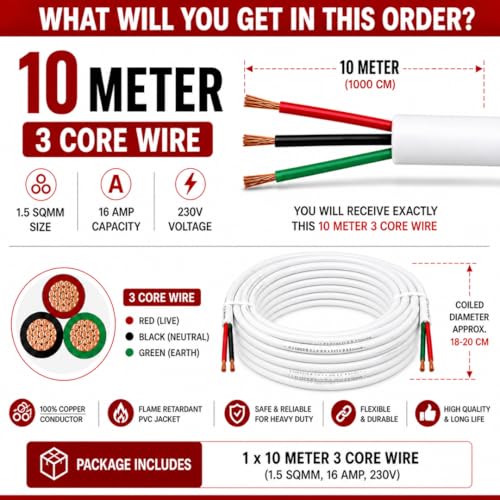 Image of Hi-Plasst 1.5 Sqmm 3 Core Flexible Copper Wire for AC | ISI Marked Heavy Duty Cord Cable | FR PVC Insulated Electrical Wire | 1100V Grade | White | Available 1 to 10 Meter Length (1.5 mm, 10 Meters)