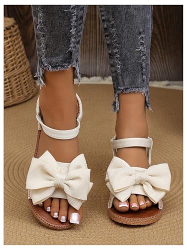 Image of GORGLITTER Women's Bow Flat Sandals 2026 Dressy Cute Ankle Strap Slides | Summer Shoes for Women 2026, Slip On Open Toe Flats, Slingback Slides, Vacation Dress Sandals
