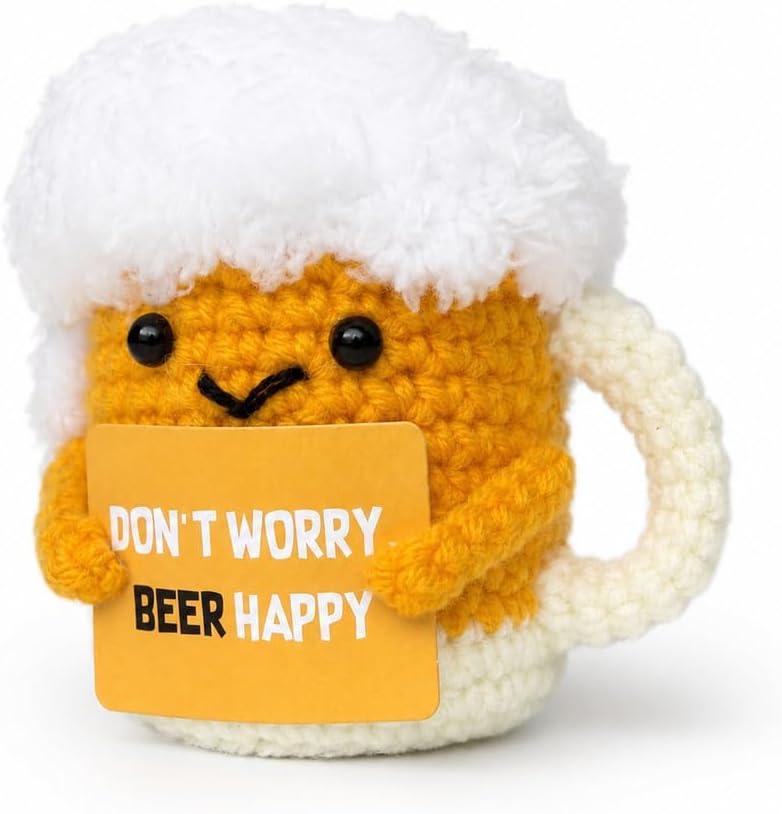Handmade Crochet Beer Mug with Positive Message Card, Knitted Beer Cup Desk Decor, Handmade Yarn Ornament, Funny Gift for Friends Coworkers Beer Enthusiasts