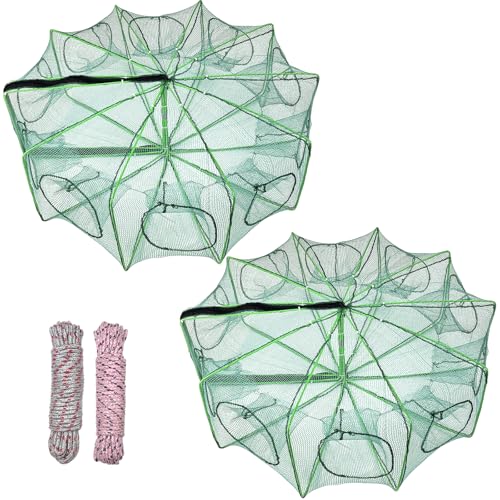 2 Pcs 32 x 10 Inch Collapsible Crab Trap 10 Holes 10 Sides Foldable Fishing Nets with 2 Rope for Minnows Fishing Crawfish Crab Lobster Shrimp