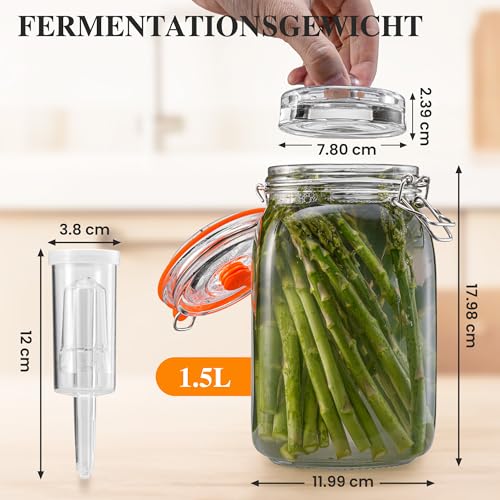 1,5L Fermentierglas, Fermentationsglas mit Gärventi & Gewicht, Gärglas für Sauerkraut, Kimchi, Kombucha und Pickles (2er-Pack)