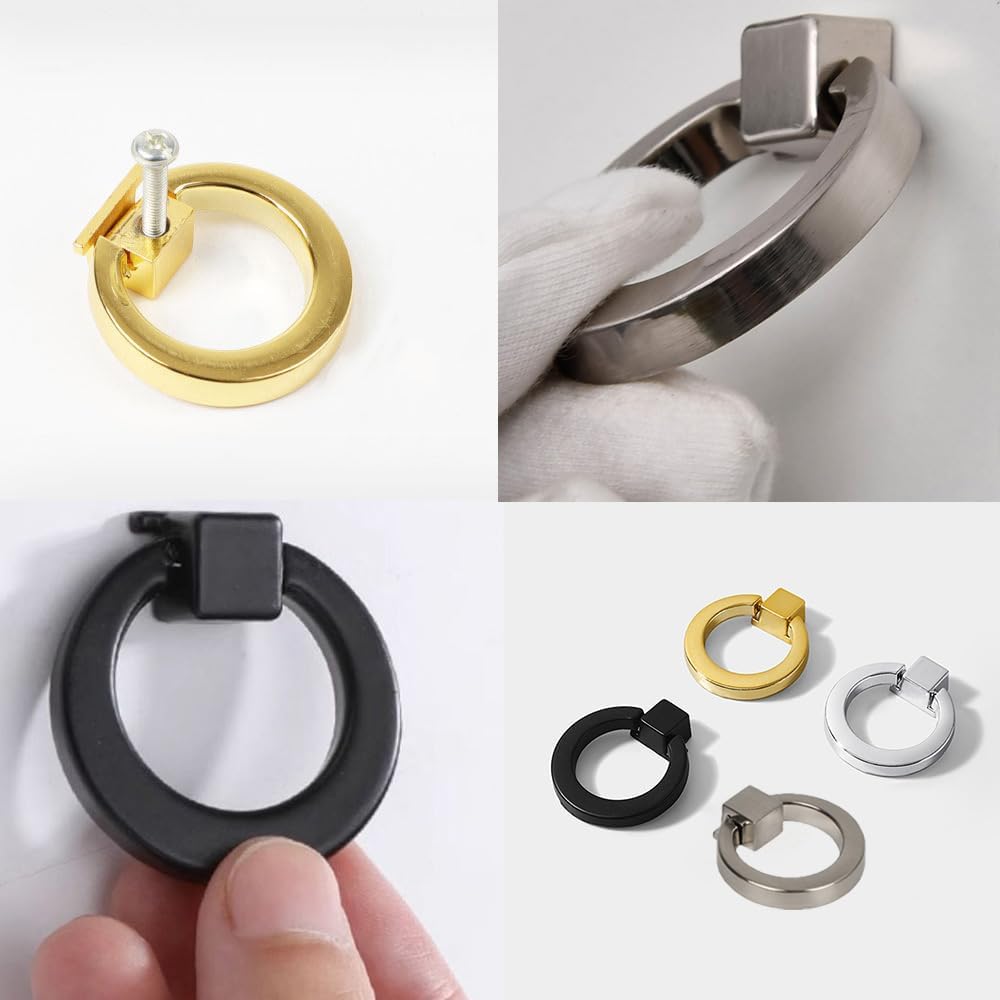 10 Pack Gold Cabinet Knobs 1.81" Drawer Pulls and Knobs Zinc Alloy Single Hole Handles for Dresser 46mm Circle Knob and Ring Pulls for Cupboard Bathroom Wardrobe Kitchen